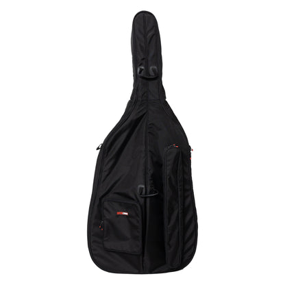 GOPB-BASS12 1/2 double bass bag front view showing lower zippered pocket with Gator Cases logo patch, long side accessory pocket and padded carry handles, Gator