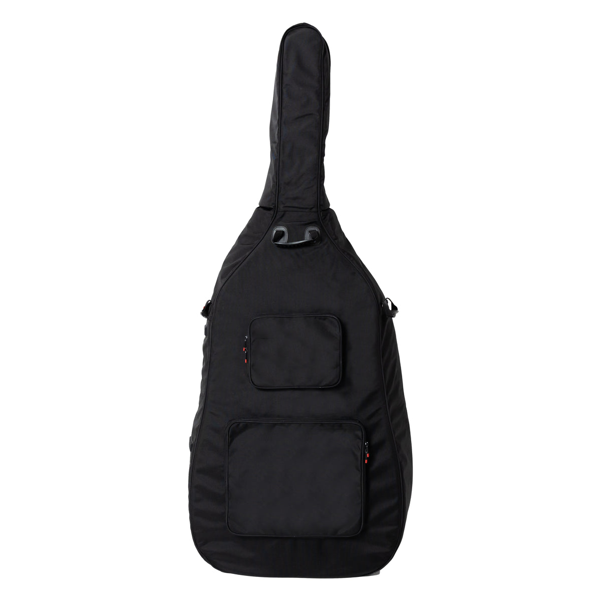 GOPB-BASS12 1/2 double bass bag rear view showing two zippered storage pockets with red zipper pulls and top carry handle, Gator