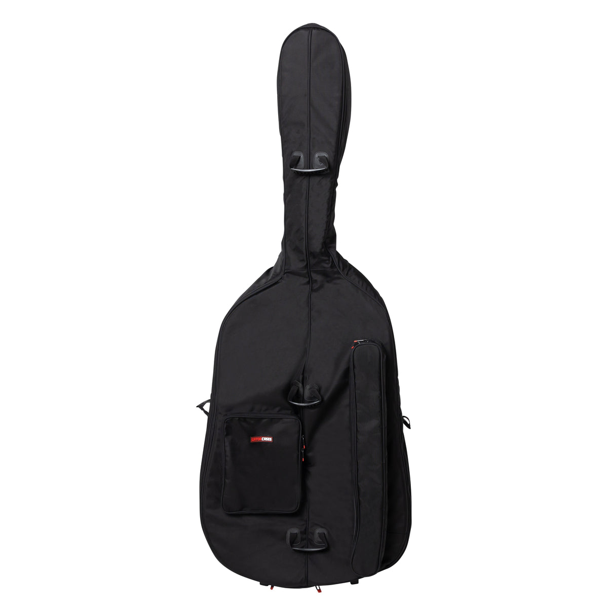 GOPB-BASS34 pro bag front view with padded neck section, carry handles, accessory pocket with red Gator Cases logo and side sleeve pocket, Gator