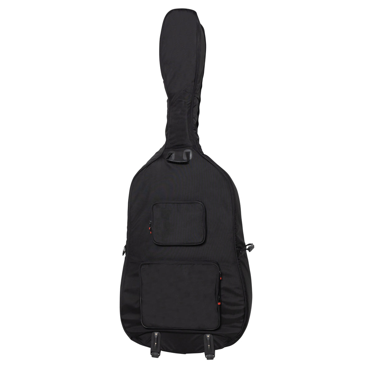 GOPB-BASS34 pro bag rear view showing two zippered pockets, upper carry handle and wheels at the base for 3/4 double bass, Gator
