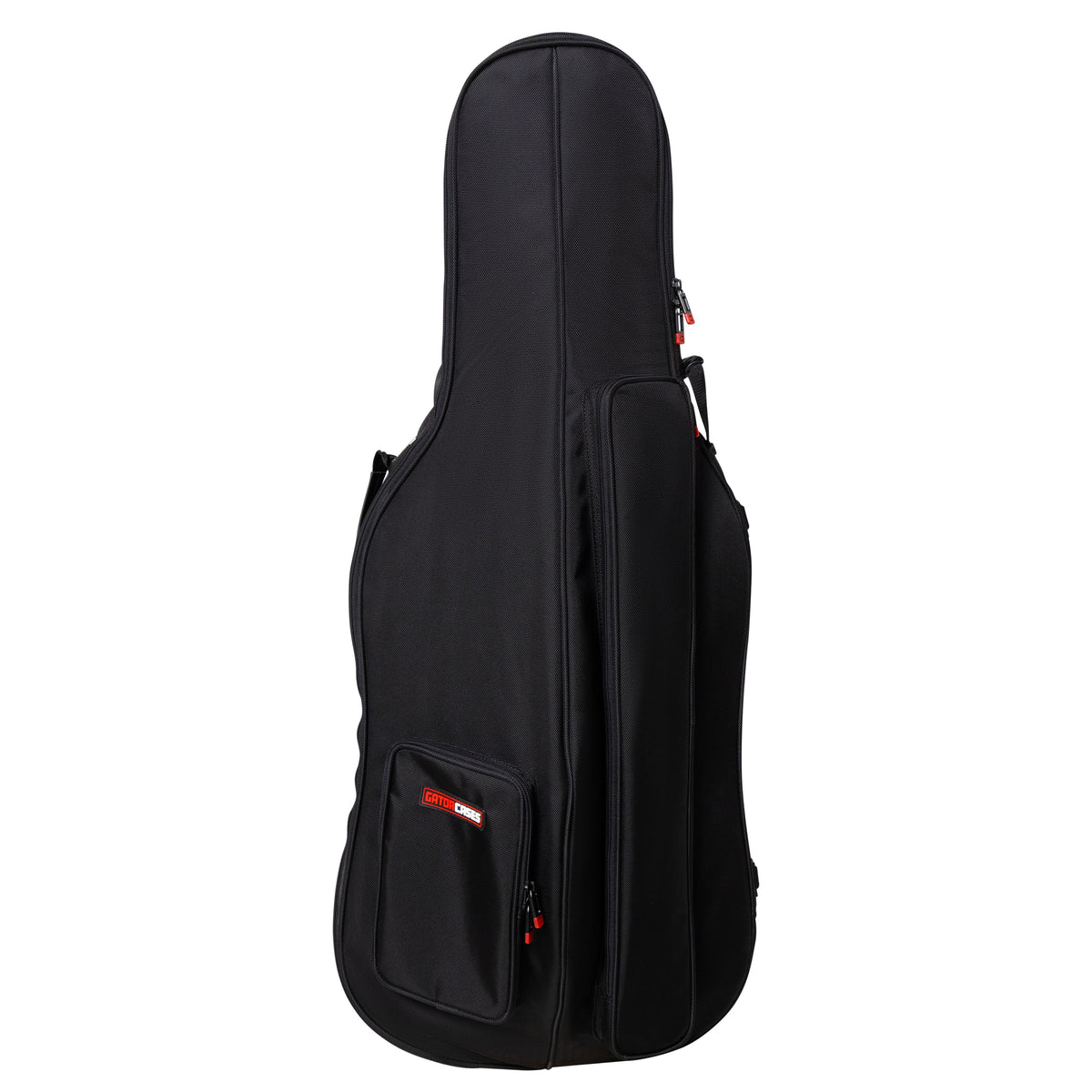 GOPB-CELLO12 1/2 cello pro bag front view with red-zippered accessory pocket and Gator Cases logo patch, Gator