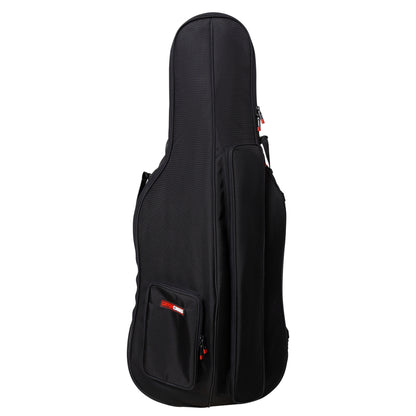 GOPB-CELLO12 1/2 cello pro bag front view with red-zippered accessory pocket and Gator Cases logo patch, Gator