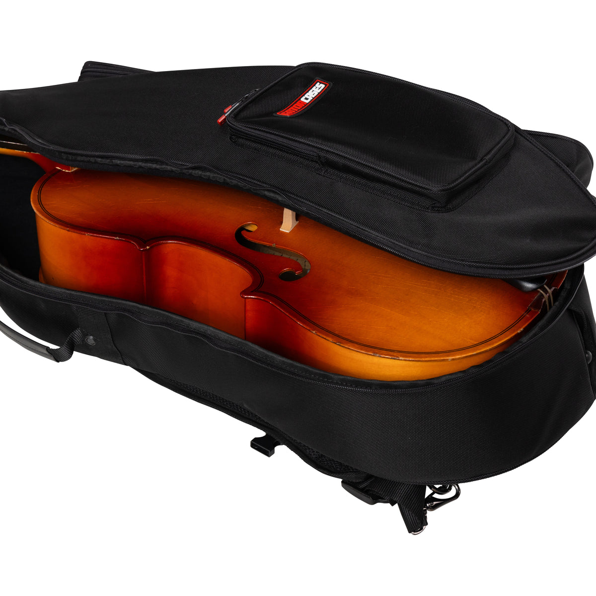 GOPB-CELLO12 1/2 cello pro bag open at an angle with cello inside and Gator Cases logo on the outer lid pocket, Gator