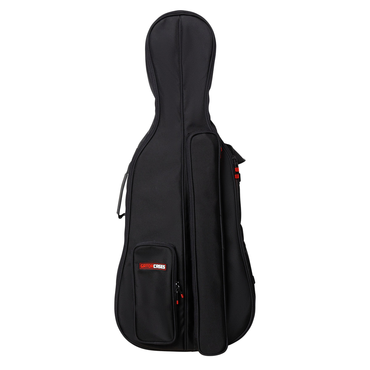 GOPB-CELLO14 pro cello bag front view in black nylon with red Gator Cases logo on the small zippered accessory pocket and long vertical front pocket, Gator