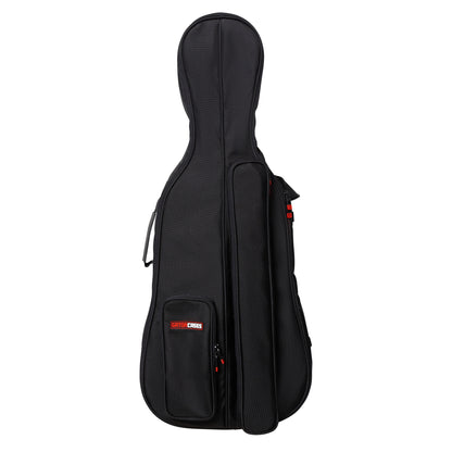 GOPB-CELLO14 pro cello bag front view in black nylon with red Gator Cases logo on the small zippered accessory pocket and long vertical front pocket, Gator