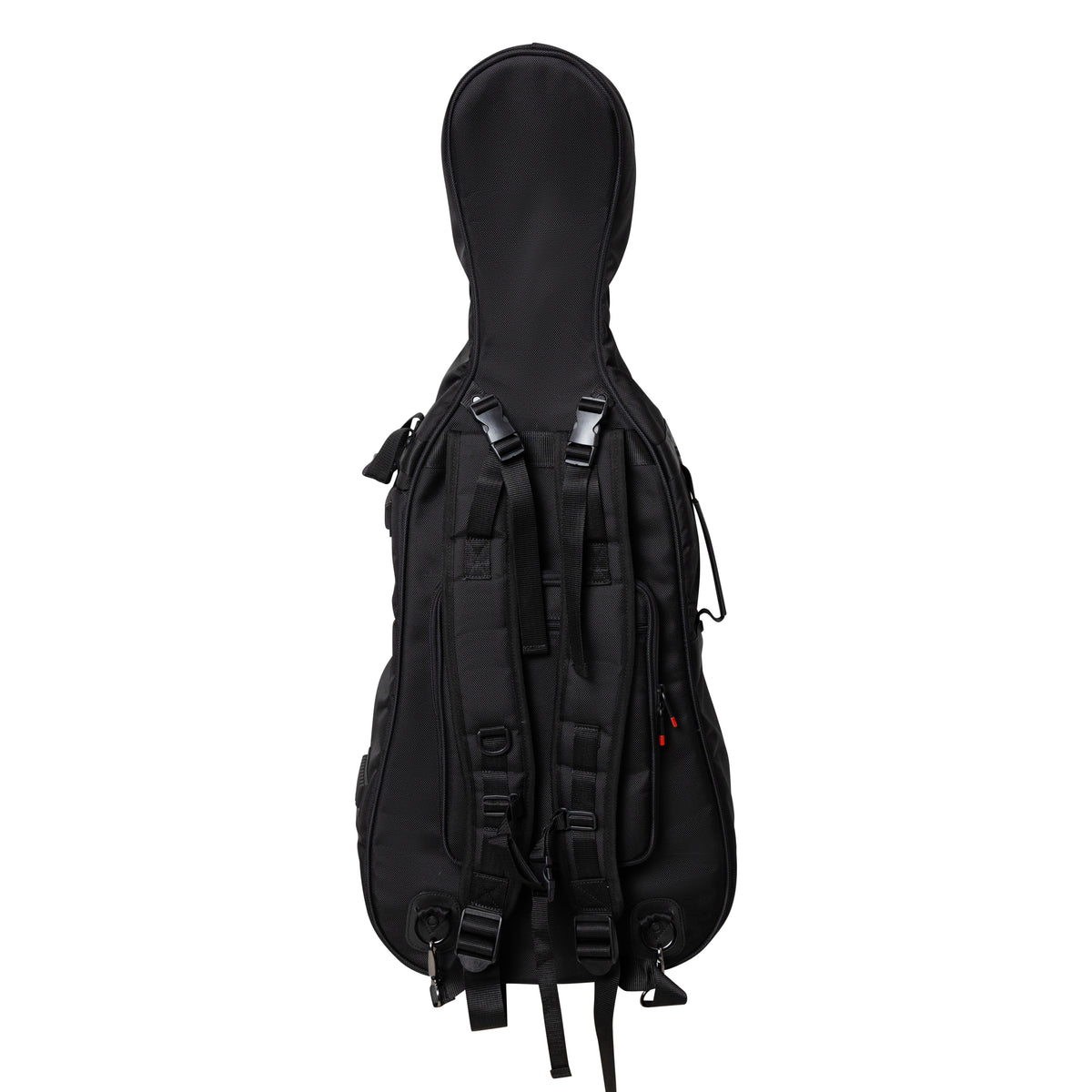 GOPB-CELLO14 pro cello bag rear view showing padded backpack shoulder straps with buckles, D-rings and adjustment webbing, Gator