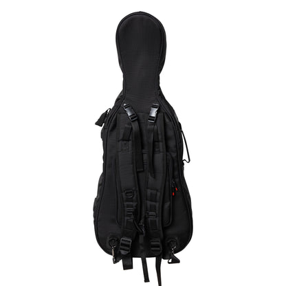 GOPB-CELLO14 pro cello bag rear view showing padded backpack shoulder straps with buckles, D-rings and adjustment webbing, Gator