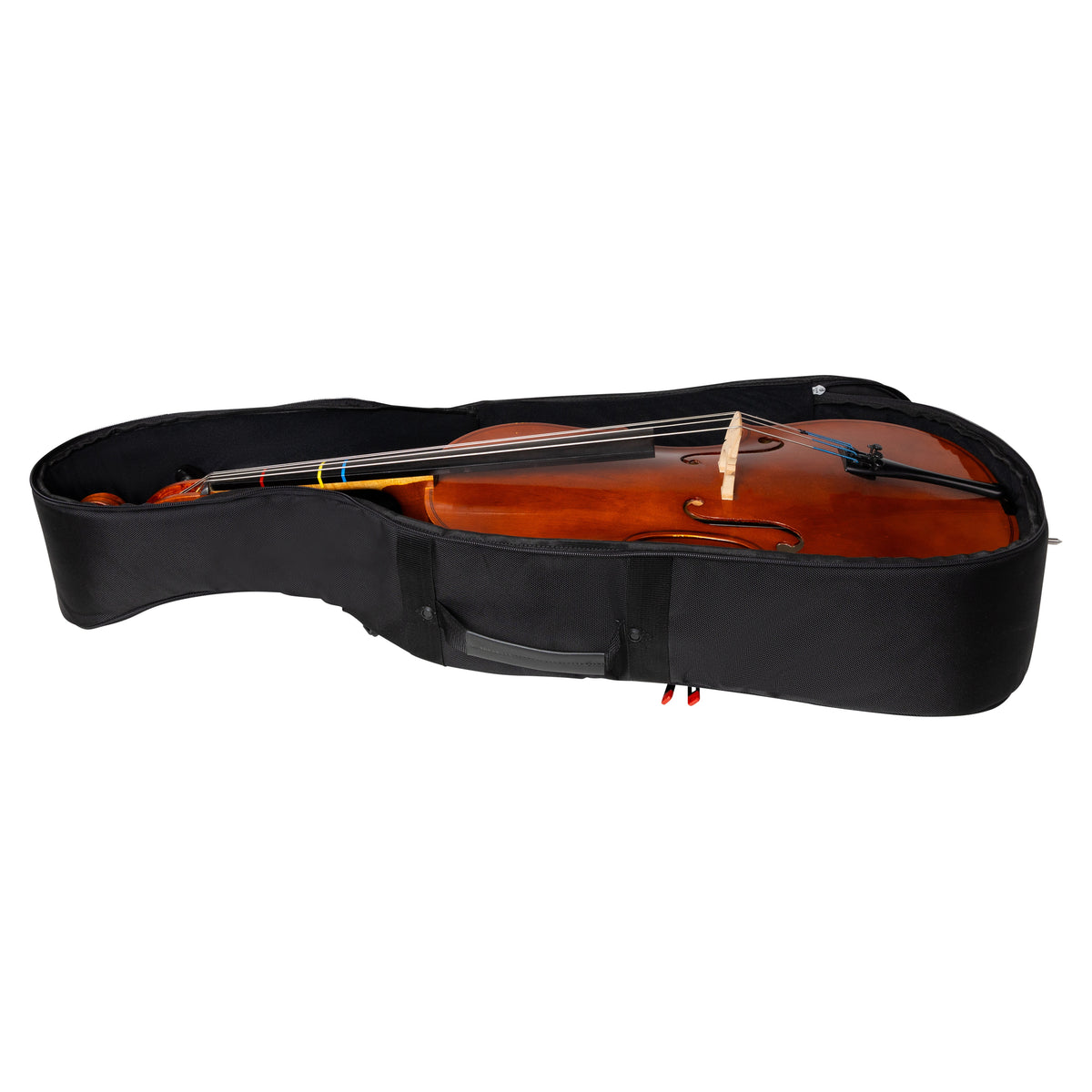 GOPB-CELLO14 pro cello bag lying open with a 1/4 size cello inside and side carry handle visible, Gator