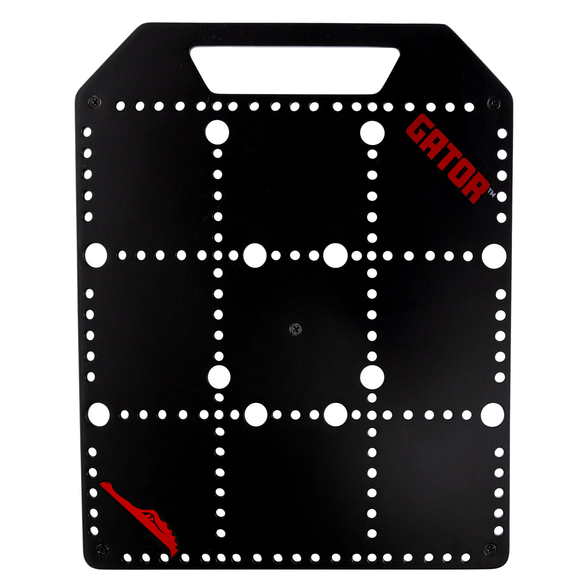 GPB-POCKETBOARD metal pedalboard top view with handle cutout at top and perforated mounting hole grid, red Gator logo at upper right, Gator