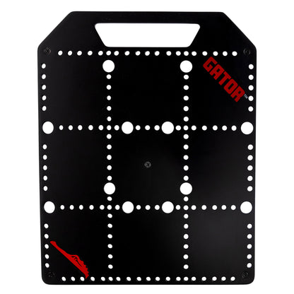 GPB-POCKETBOARD metal pedalboard top view with handle cutout at top and perforated mounting hole grid, red Gator logo at upper right, Gator