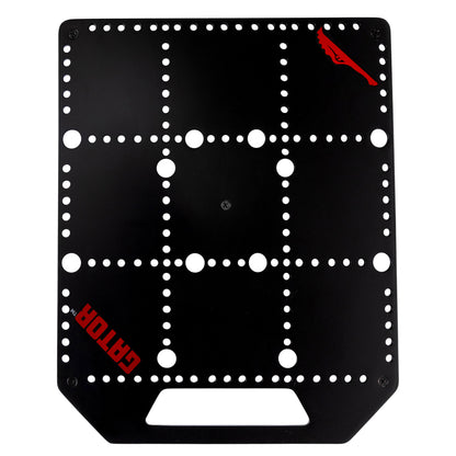 GPB-POCKETBOARD metal pedalboard top view rotated with handle cutout at bottom, showing perforated mounting holes and red Gator logo at lower left, Gator