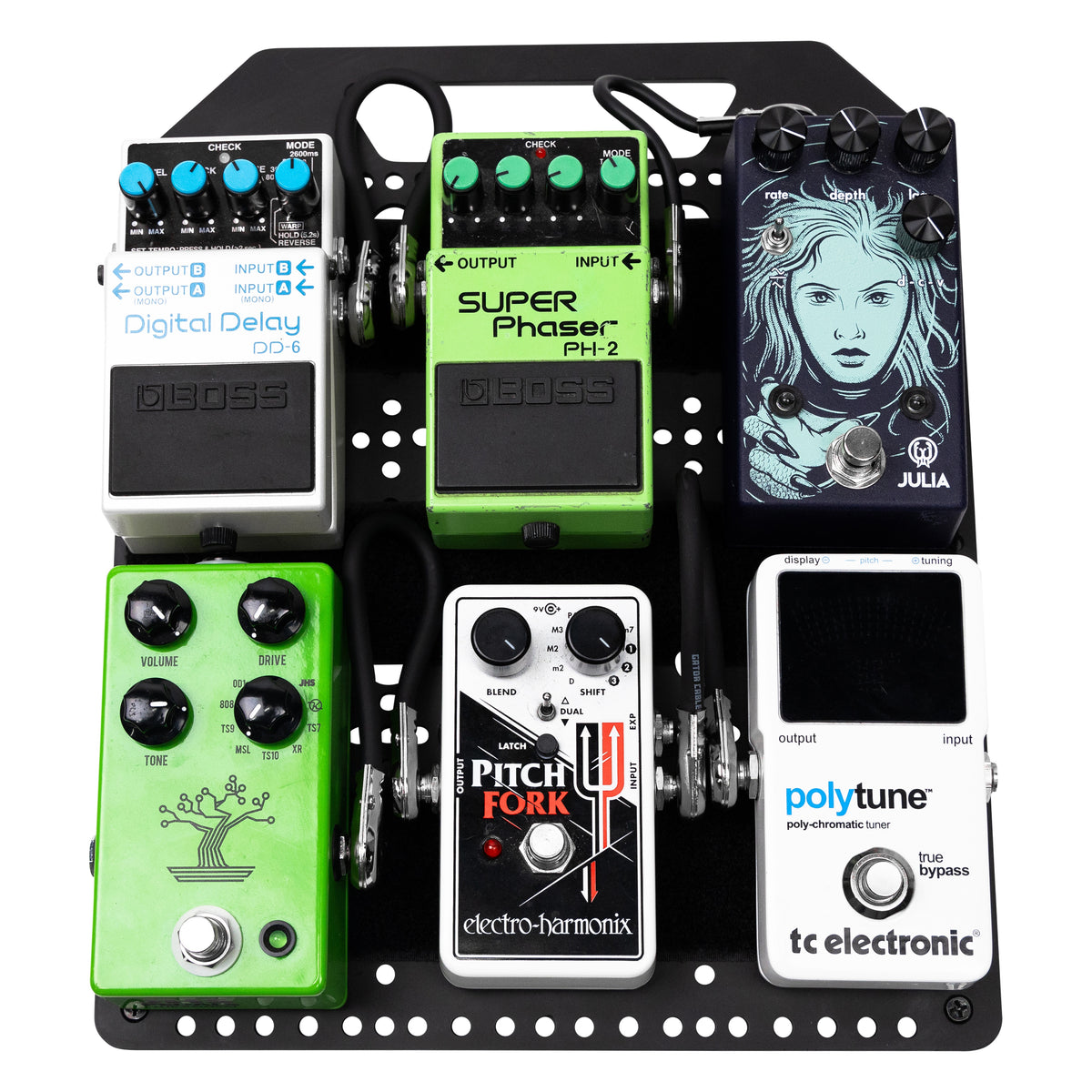 GPB-POCKETBOARD pedalboard in use loaded with six guitar pedals including Boss DD-6, Boss PH-2, Electro-Harmonix Pitch Fork and TC Electronic PolyTune, patched with short cables, Gator