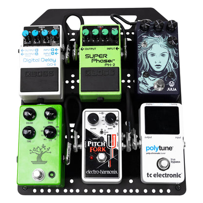 GPB-POCKETBOARD pedalboard in use loaded with six guitar pedals including Boss DD-6, Boss PH-2, Electro-Harmonix Pitch Fork and TC Electronic PolyTune, patched with short cables, Gator