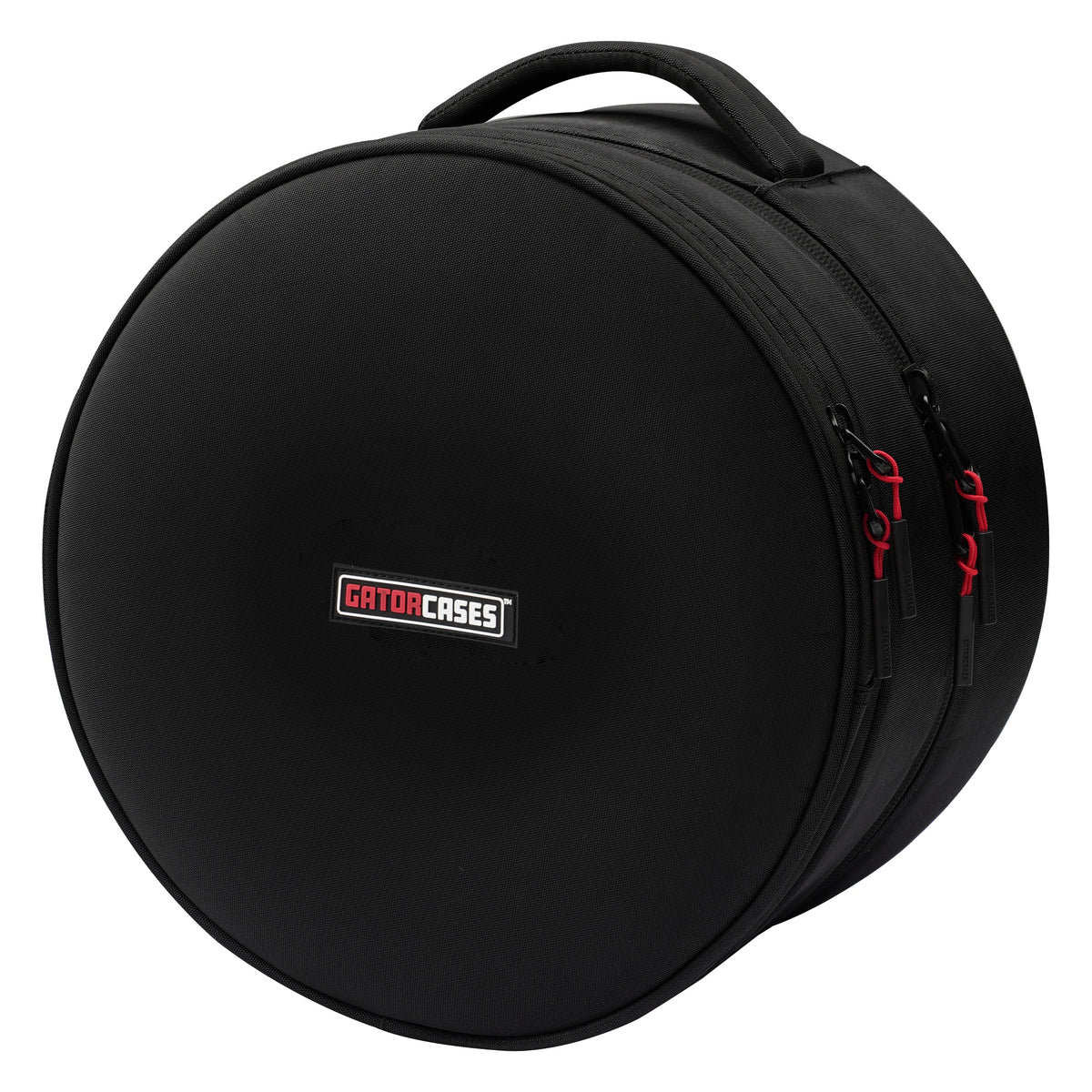 GP-ICON-1005SD 10x5 snare drum bag angled front view showing black nylon face with Gatorcases logo patch and red-accent zipper pulls, Gator