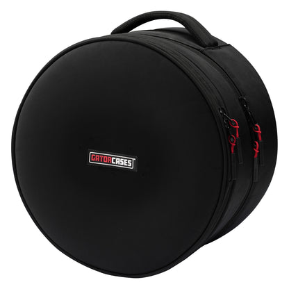 GP-ICON-1005SD 10x5 snare drum bag angled front view showing black nylon face with Gatorcases logo patch and red-accent zipper pulls, Gator