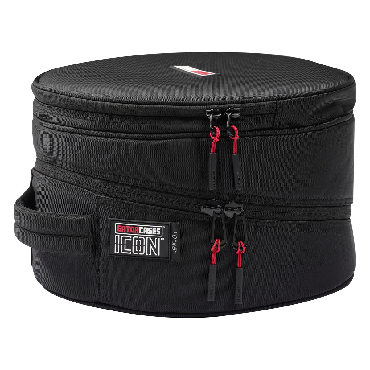 GP-ICON-1005SD 10x5 snare drum bag side view showing dual zippers with red pull cords, carry handle and ICON 10" x 5" label, Gator