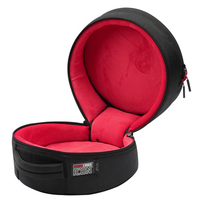 GP-ICON-1005SD 10x5 snare drum bag open view showing plush red padded interior lining and ICON size label on exterior, Gator