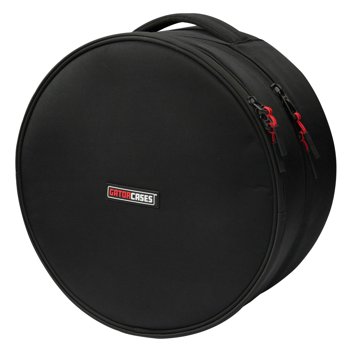 GP-ICON-1205SD 12x5 snare drum bag angled front view showing black nylon face with Gator Cases logo patch and red-accent zipper pulls, Gator