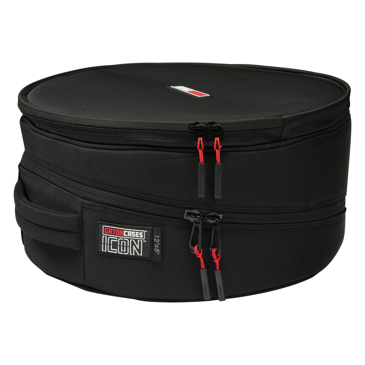 GP-ICON-1205SD 12x5 snare drum bag side view showing carry handle, ICON 12"x5" label and dual red-cord zipper pulls on the clamshell seam, Gator