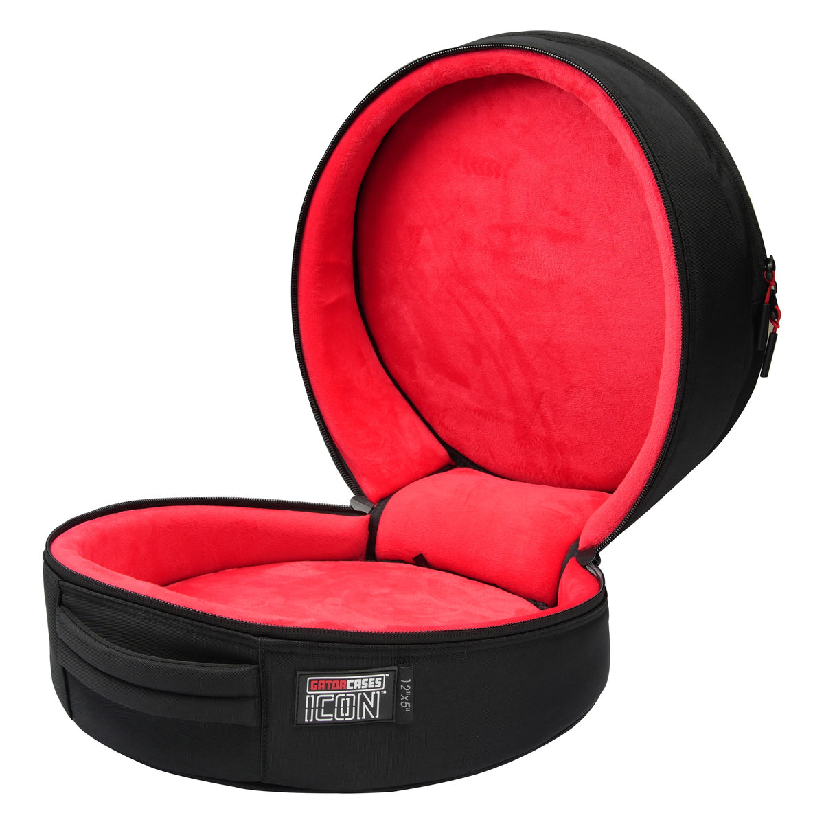 GP-ICON-1205SD 12x5 snare drum bag open view showing plush red protective interior lining and padded clamshell lid, Gator
