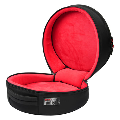 GP-ICON-1205SD 12x5 snare drum bag open view showing plush red protective interior lining and padded clamshell lid, Gator
