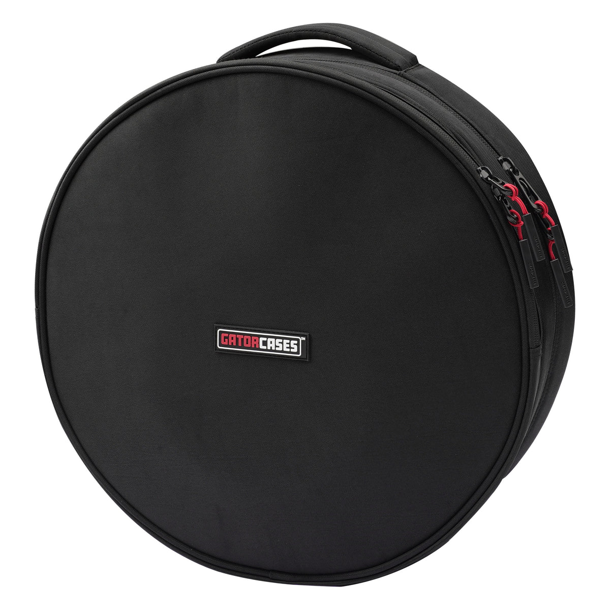 GP-ICON-1303SD 13x3 snare drum bag front view with GatorCases logo patch on black nylon and red-accented zipper pulls, Gator