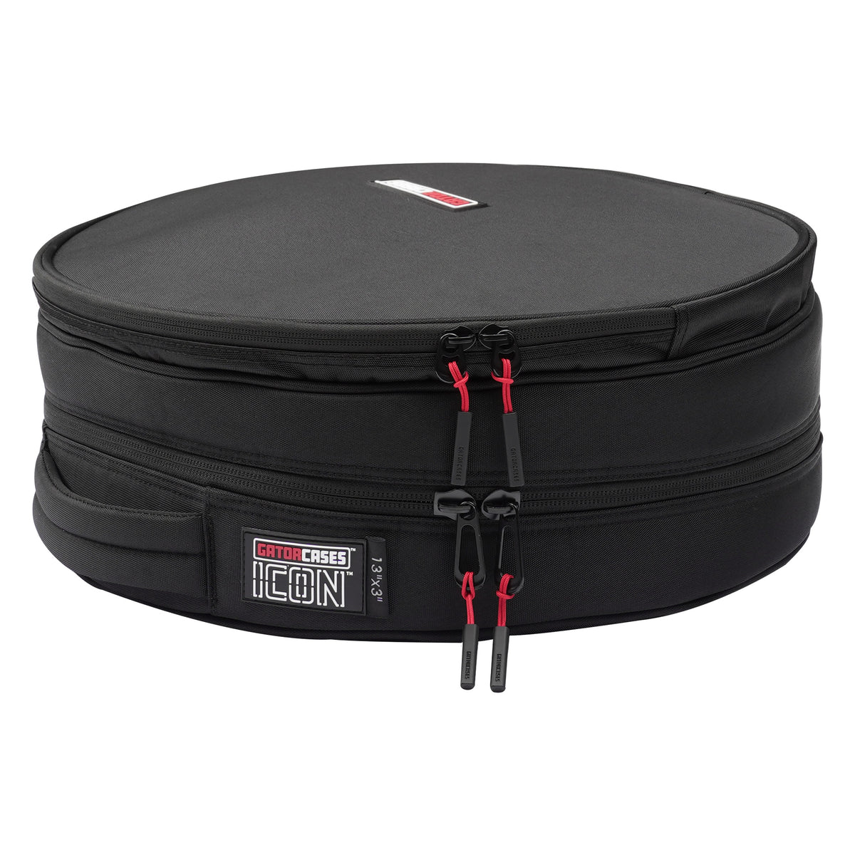 GP-ICON-1303SD 13x3 snare drum bag side view showing dual zippers with red pull cords and ICON 13x3 label, Gator