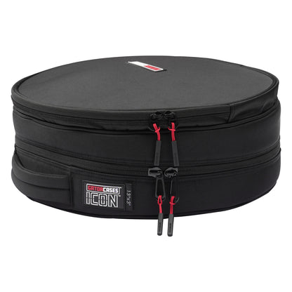 GP-ICON-1303SD 13x3 snare drum bag side view showing dual zippers with red pull cords and ICON 13x3 label, Gator