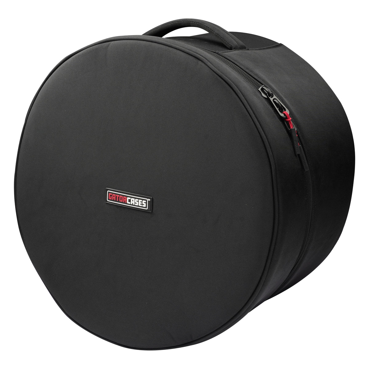 GP-ICON-1410 14x10 tom bag front angled view showing black nylon face with Gator Cases logo patch, top carry handle and side zipper, Gator
