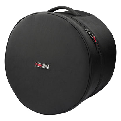 GP-ICON-1410 14x10 tom bag front angled view showing black nylon face with Gator Cases logo patch, top carry handle and side zipper, Gator