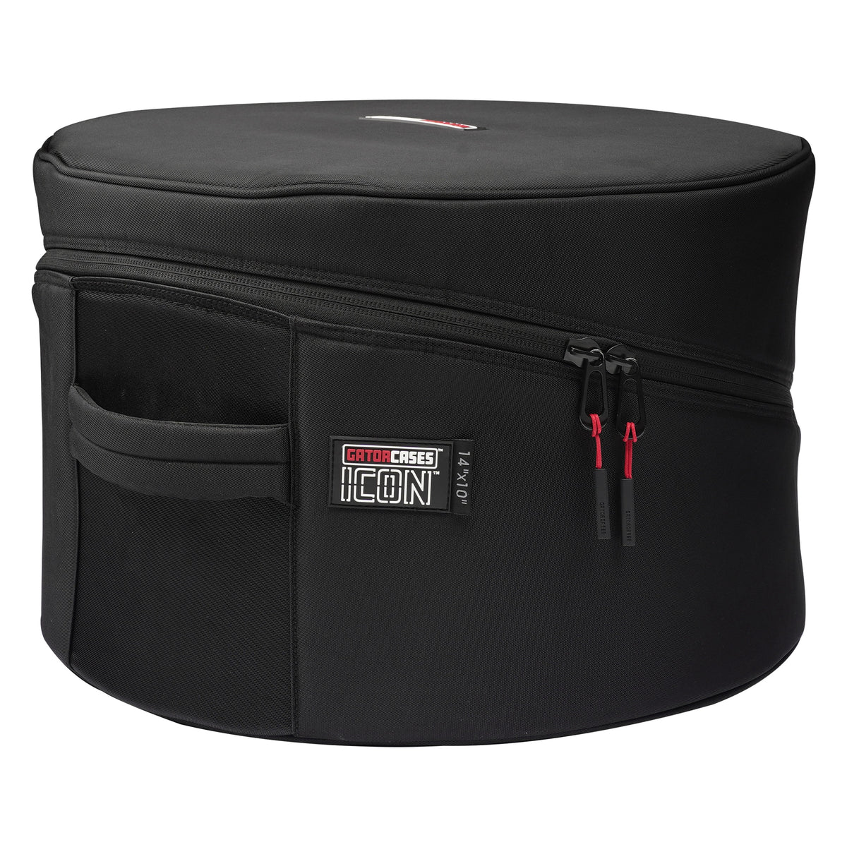 GP-ICON-1410 14x10 tom bag side view showing ICON 14x10 label, side grab handle and dual red-accented zipper pulls, Gator