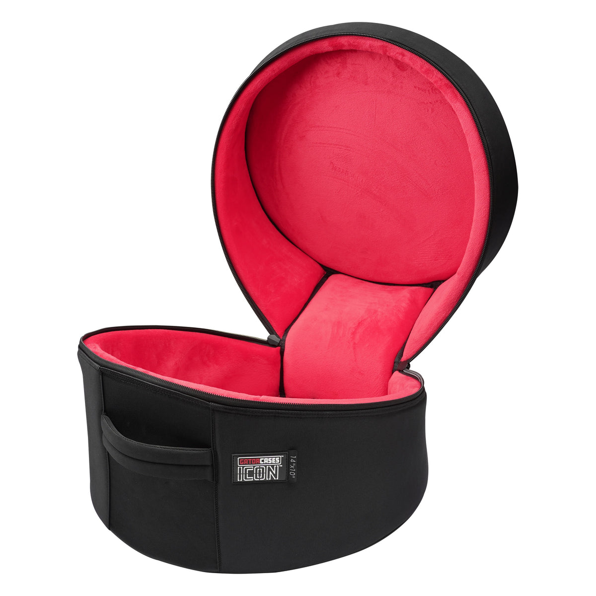 GP-ICON-1410 14x10 tom bag open with lid raised showing red plush interior lining and padded dividers, Gator