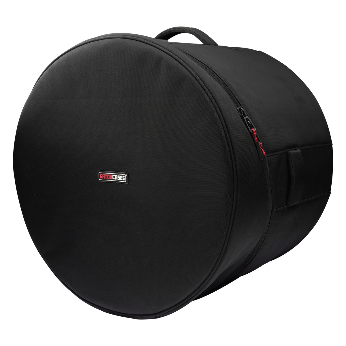 GP-ICON-1816BD 18x16 bass drum bag angled front view showing black padded face with Gator Cases logo patch and top carry handle, Gator