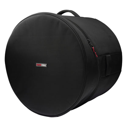 GP-ICON-1816BD 18x16 bass drum bag angled front view showing black padded face with Gator Cases logo patch and top carry handle, Gator