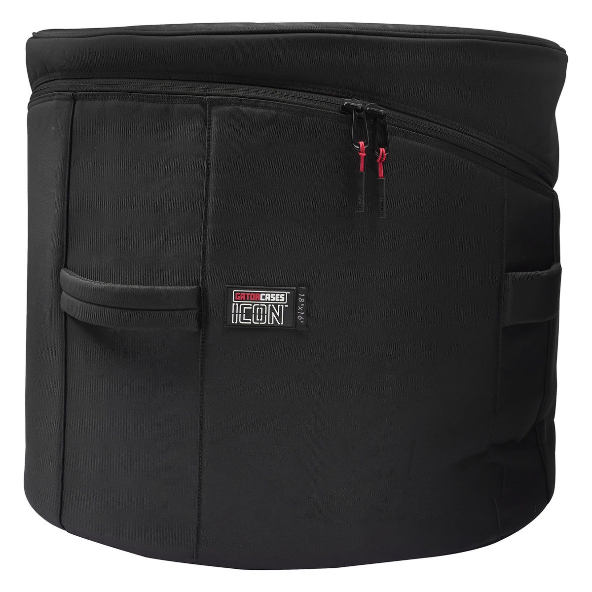 GP-ICON-1816BD 18x16 bass drum bag front view in black with red-pull zippers, side carry handles and ICON size label, Gator