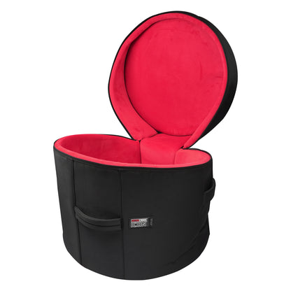 GP-ICON-1816BD 18x16 bass drum bag open with lid raised showing plush red padded interior lining, Gator