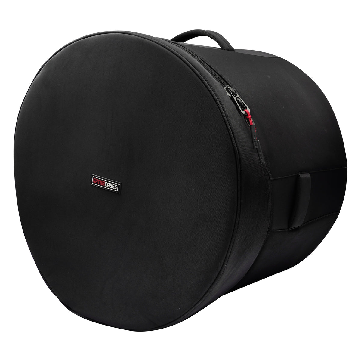 GP-ICON-2018BD 20x18 bass drum bag angled front view showing black padded drum head cover with Gator Cases logo patch and red-accented zipper pull, Gator