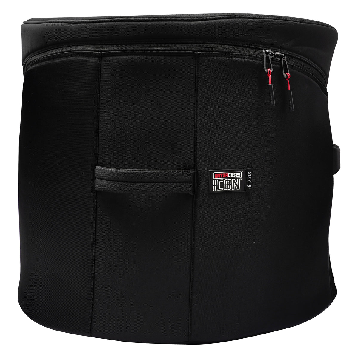 GP-ICON-2018BD 20x18 bass drum bag side view showing center carry handle, Gator Cases ICON 20x18 label and dual red-accented zipper pulls, Gator