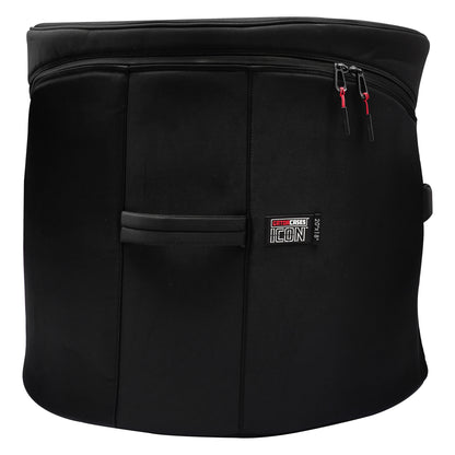 GP-ICON-2018BD 20x18 bass drum bag side view showing center carry handle, Gator Cases ICON 20x18 label and dual red-accented zipper pulls, Gator
