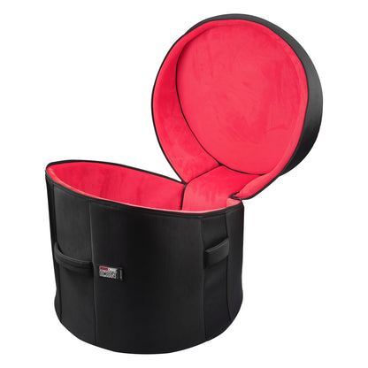 GP-ICON-2018BD 20x18 bass drum bag open with lid raised showing plush red interior lining and padded black exterior with side handles, Gator