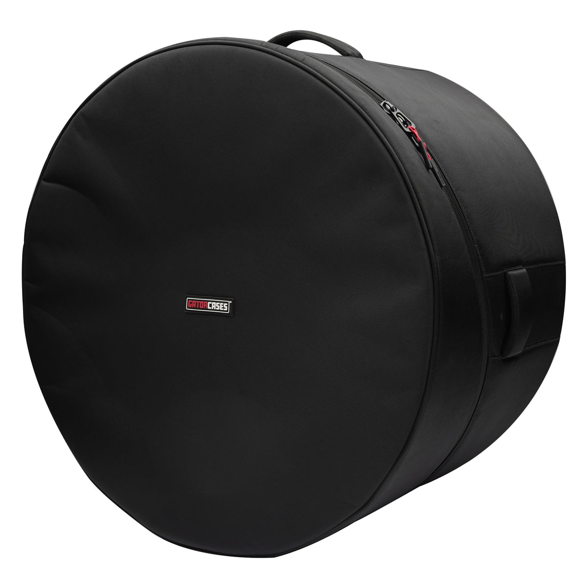 GP-ICON-2214BD 22x14 bass drum bag angled front view showing black padded face with Gator Cases logo patch and carry handle, Gator