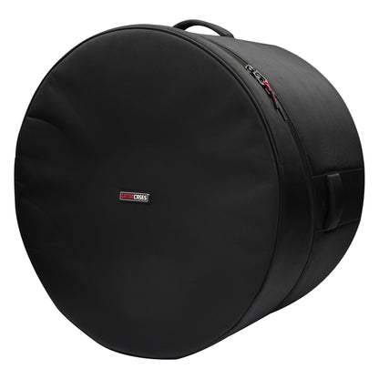 GP-ICON-2214BD 22x14 bass drum bag angled front view showing black padded face with Gator Cases logo patch and carry handle, Gator