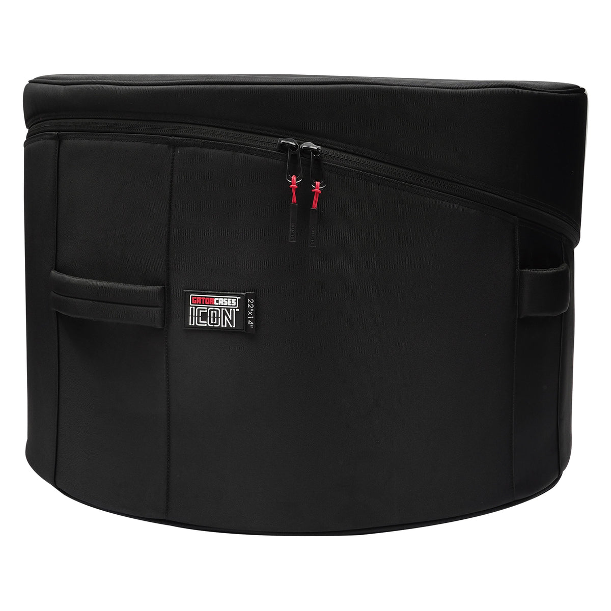 GP-ICON-2214BD 22x14 bass drum bag side view showing dual red-pull zippers, side carry handles and ICON 22x14 label, Gator