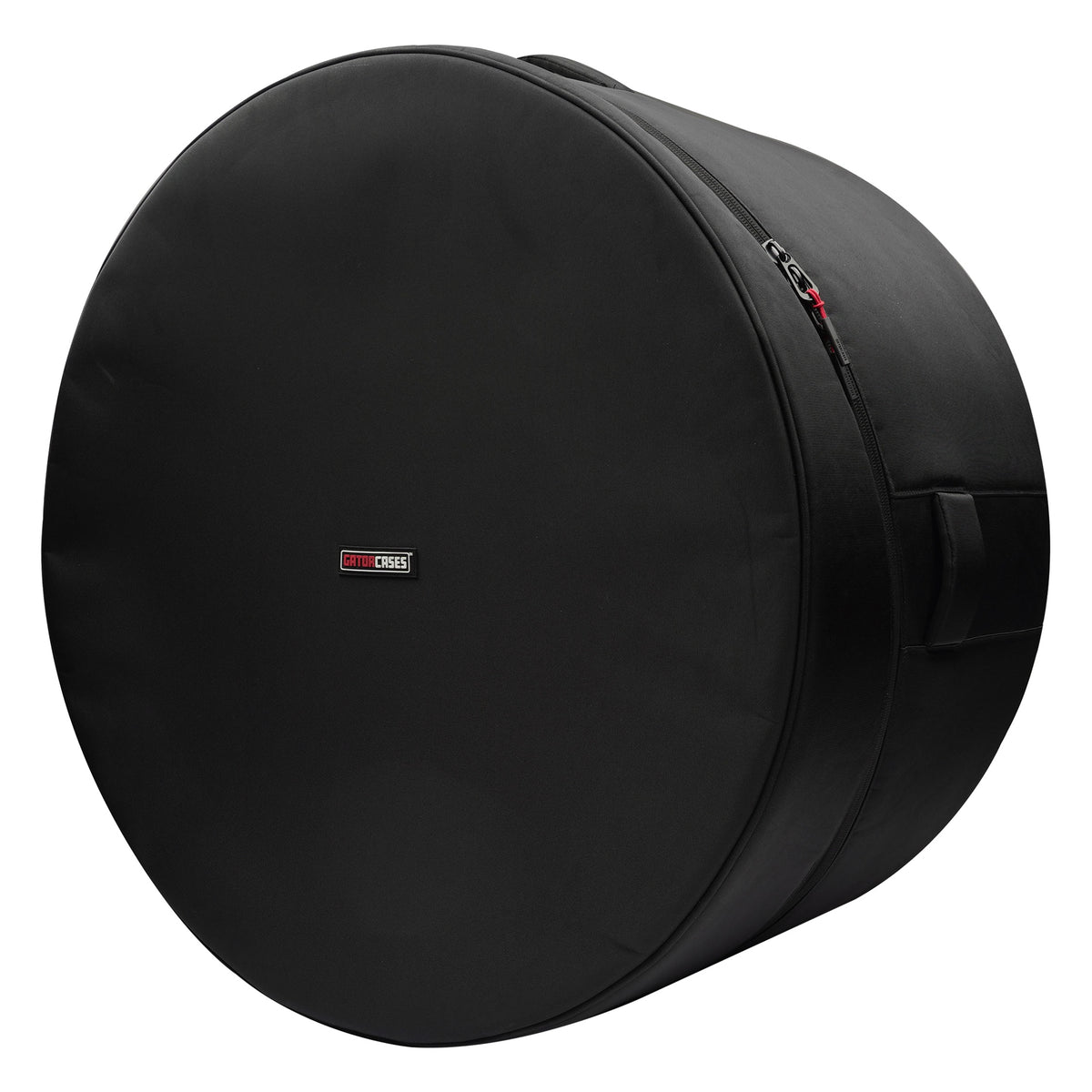GP-ICON-2614BD 26x14 bass drum bag angled front view showing black padded face with Gator Cases logo patch and perimeter zipper, Gator