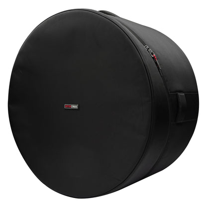 GP-ICON-2614BD 26x14 bass drum bag angled front view showing black padded face with Gator Cases logo patch and perimeter zipper, Gator