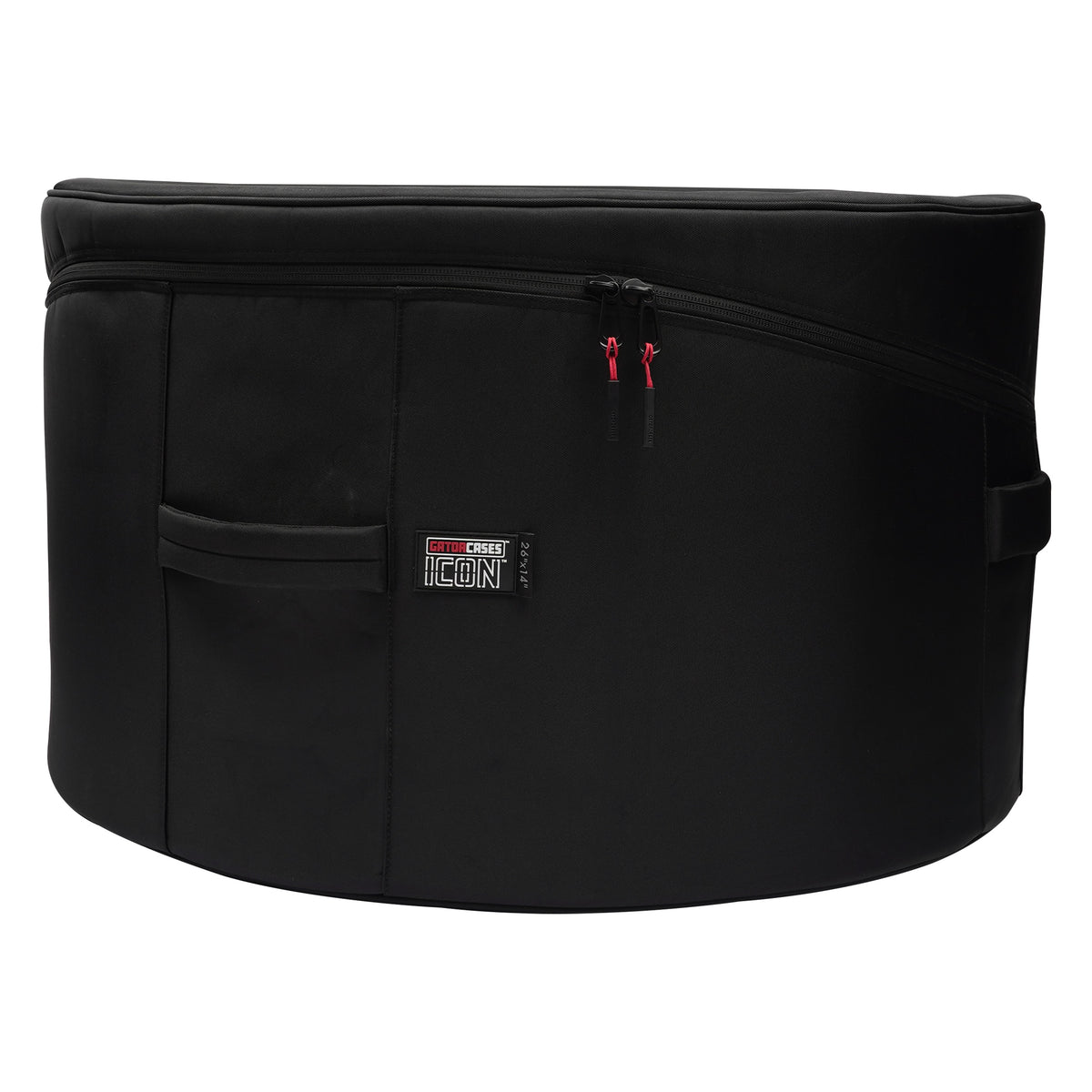 GP-ICON-2614BD 26x14 bass drum bag side view showing ICON 26x14 label, red-pull zippers and webbing carry handles, Gator