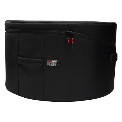 GP-ICON-2614BD 26x14 bass drum bag side view showing ICON 26x14 label, red-pull zippers and webbing carry handles, Gator