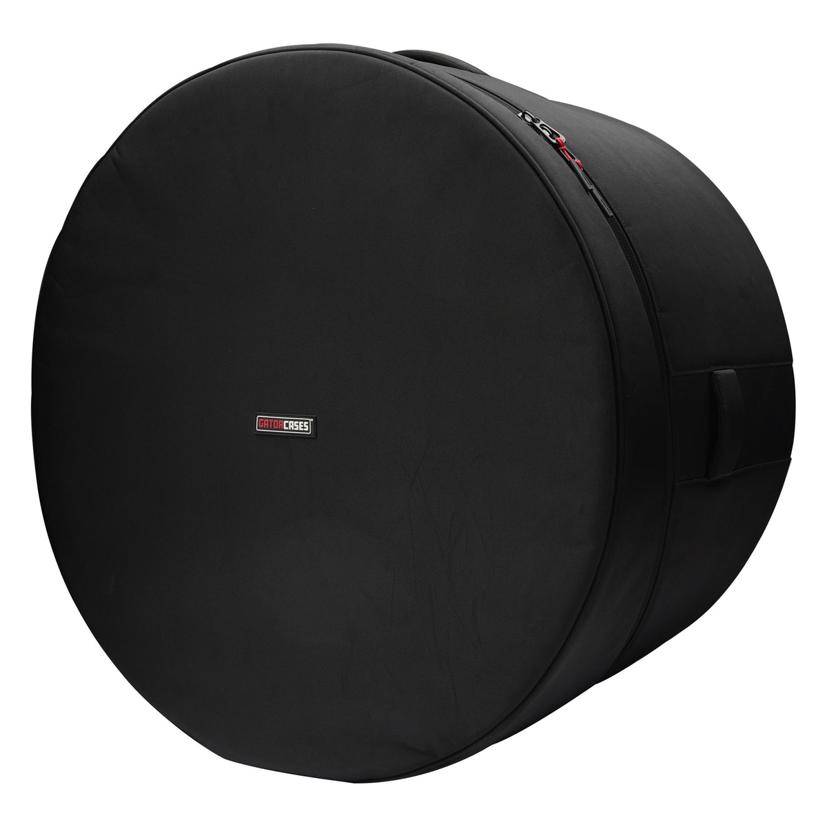 GP-ICON-2616BD 26x16 bass drum bag angled front view with black padded face, Gator Cases logo patch and red zipper pull, Gator