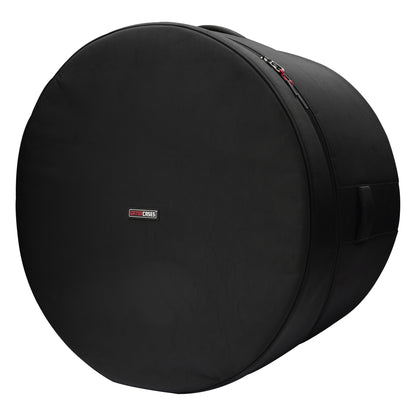 GP-ICON-2616BD 26x16 bass drum bag angled front view with black padded face, Gator Cases logo patch and red zipper pull, Gator