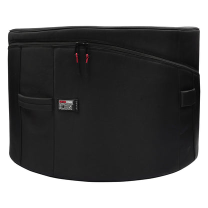 GP-ICON-2616BD 26x16 bass drum bag side view showing curved zipper opening, red-cord zipper pulls, ICON 26x16 label and side carry handles, Gator